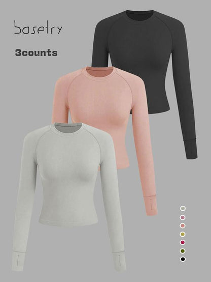 Women'S Solid Raglan Sleeve Thumb Hole Design Sports Tee, Breathable Comfortable round Neck Long Sleeve T-Shirt for Yoga Gym Workout, Ladies Activewear Sportswear for Fall & Winter, Athletic Workout Tops