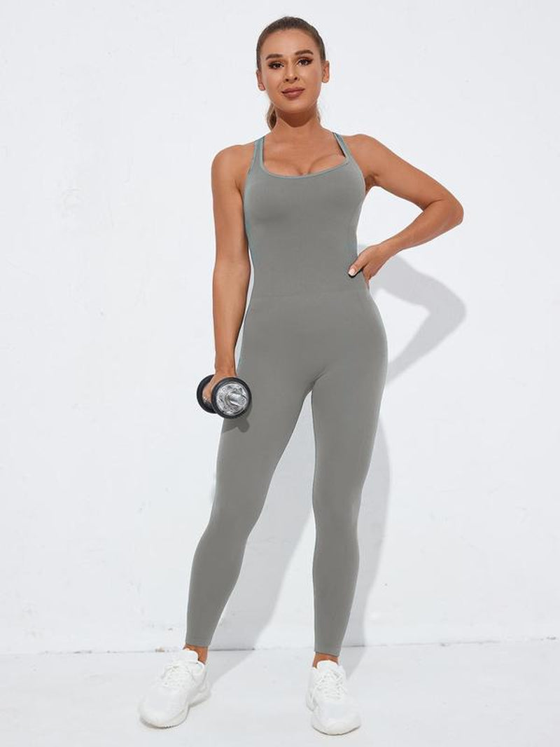 Women'S Criss Cross Backless Sports Jumpsuit, Summer Clothes, Sporty Scoop Neck Backless Tank Jumpsuit, Ladies Sportswear for Indoor Outdoor Wear, Tummy Control