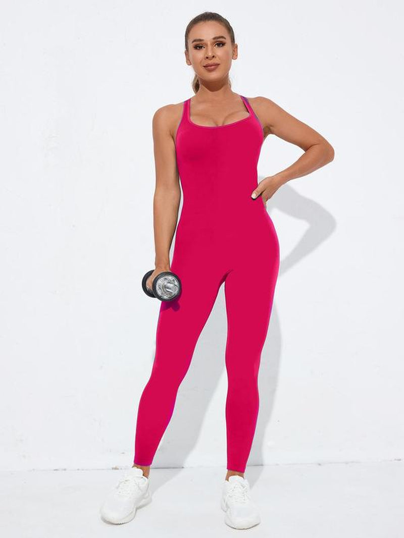 Women'S Criss Cross Backless Sports Jumpsuit, Summer Clothes, Sporty Scoop Neck Backless Tank Jumpsuit, Ladies Sportswear for Indoor Outdoor Wear, Tummy Control