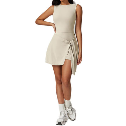 Womens Solid Color Tennis Dress Sleeveless Yoga Golf Athletic Dresses Ruffle Side Slit Workout Dress Built in Shorts Sportswear