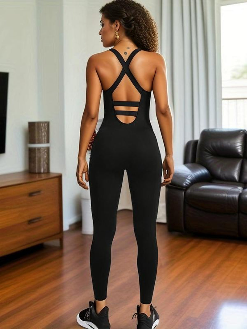 Women'S Criss Cross Backless Sports Jumpsuit, Summer Clothes, Sporty Scoop Neck Backless Tank Jumpsuit, Ladies Sportswear for Indoor Outdoor Wear, Tummy Control